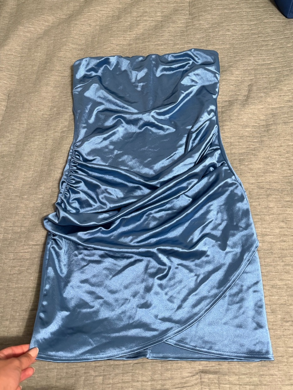 Windsor Satin Strapless Mini Dress in Dusty Blue